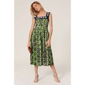 Autumn Adeigbo Chloe Midi Dress Fit & Flare Green Navy Cotton Pockets Zip Size 8